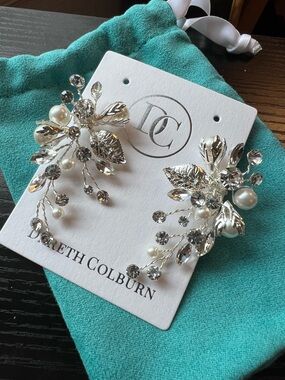 Dareth Colburn Silver Crystal & Pearl Floral Earrings - Perfect for Wedding